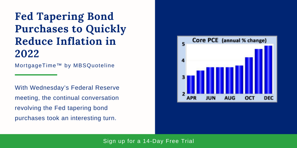 fed tapering bond purchases quickly reduce inflation 2022 mortgagetime mbsquoteline chart