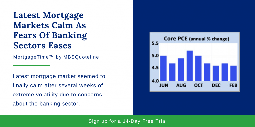 Latest Mortgage Markets Calm as Fears of Banking Sectors Ease MortgageTime MBSQuoteline Chart